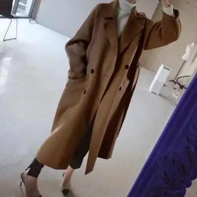 

Trench Femme Long Coat Woman Outcoat All Seasons Gray Brief Mid-Calf Draped Heavy Thickened Fleece Waist-Cinching Warmth