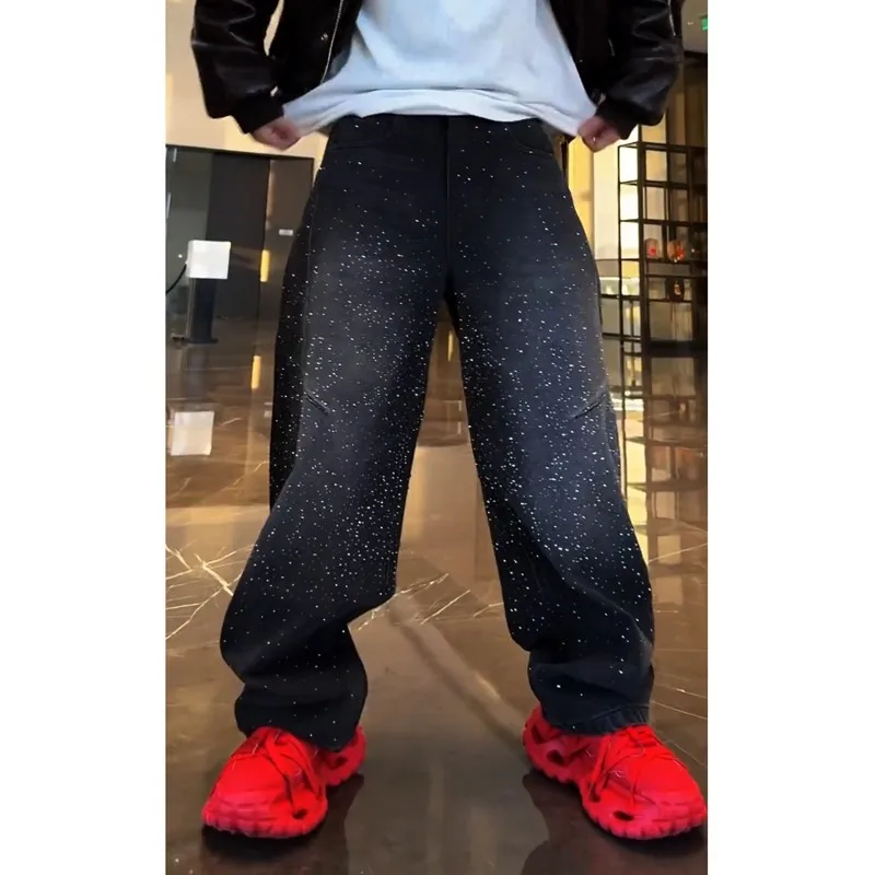 

Retro Faionable Men's Jeans with Sparkling Rhinestones Semi-Elastic Waist Straight Leg Casual Ci Sle Autumn Wear