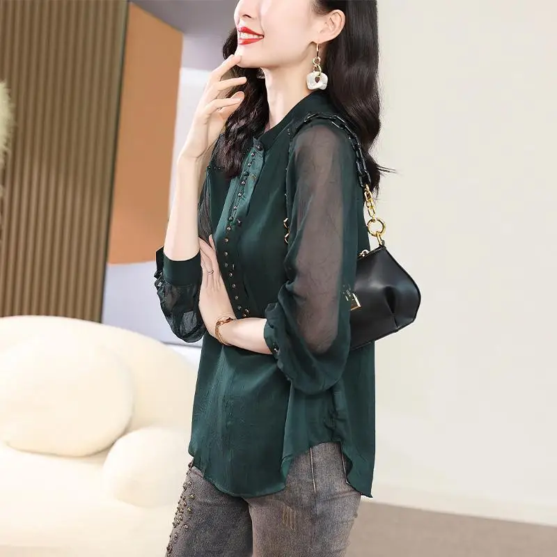 Vintage Solid Color Gauze Patchwork Shirt Stylish Embroidered Flares Button Female Clothing Stand Collar Spring Summer Blouse