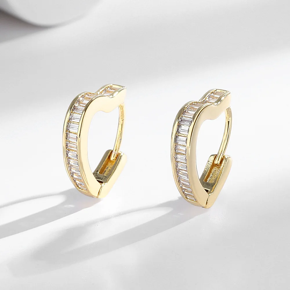 

Zircon - Embellished Heart Huggie Earrings, Gold/Silver, Baguette Detail, Glam for Banquet/Birthday, Chic Accessory