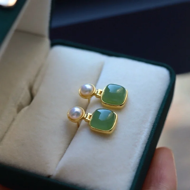 

Jasper Green Pearl Stud Earrings Sterling Silver Plated 18K Gold Main Stone 8X8Mm