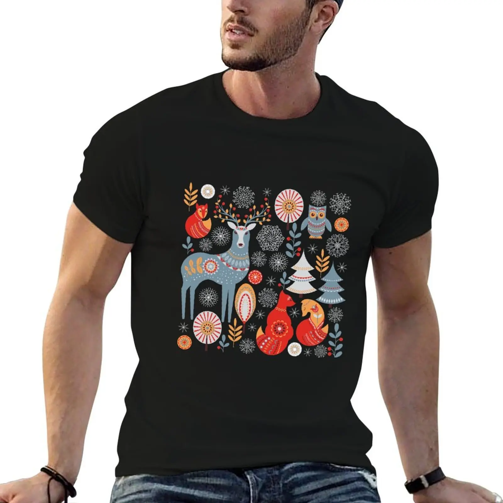 

Scandinavian Christmas pattern on a red background. Deer, owls, foxes, trees and grass, snowflakes. Folklore style. T-Shirt