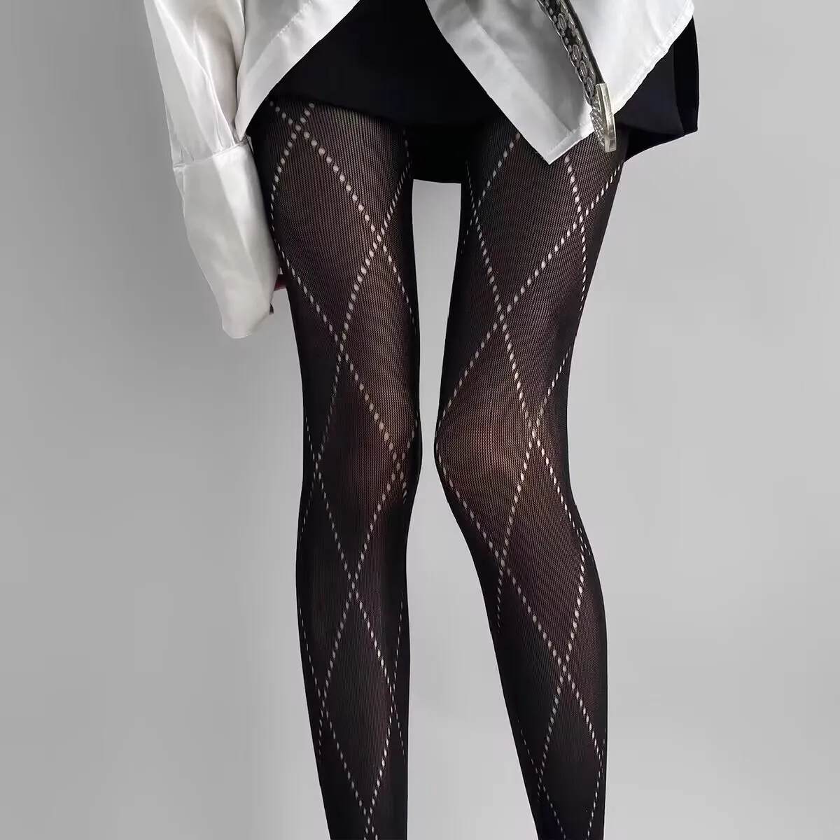 Women's Black Diamond Lattice Fishnet Tights High Stretch Rhombus Pattern Mesh Pantyhose Fashion Elastic Hosiery For Club Wear #