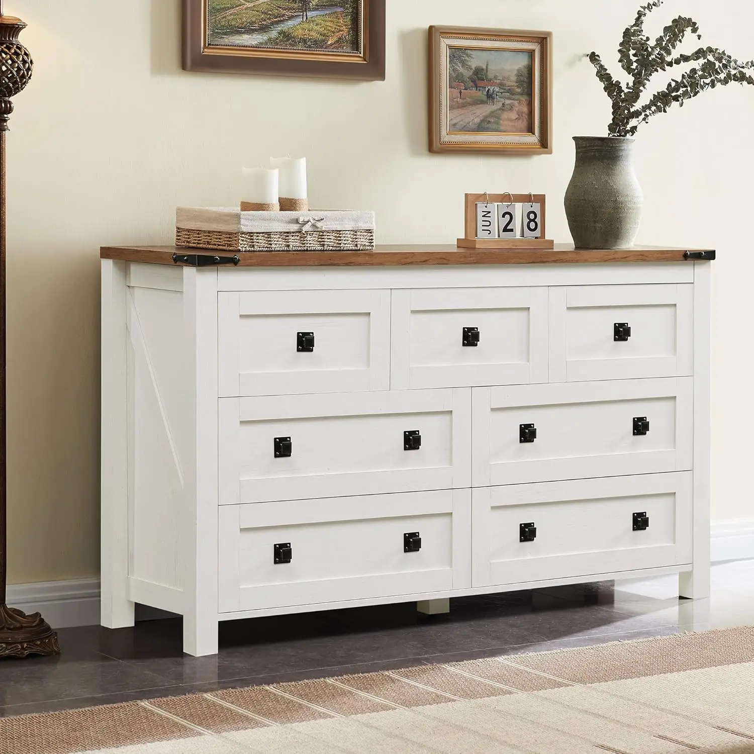 Farmhouse 7 Drawers Dresser for Bedroom, Wood Rustic TV Stand, Storage Organizer, Dresser Chest of Drawers for Living Room