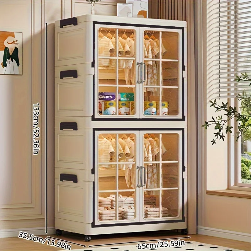 

3-layer closet organizer and storage cabinet with lid and wheels, stackable storage boxes can change the arrangement