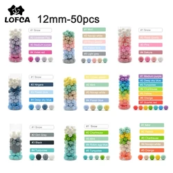 LOFCA-Cuentas sueltas de silicona para dentición de bebé, abalorios redondos para mordedor, masticables, coloridos, 12mm, 50 unidades