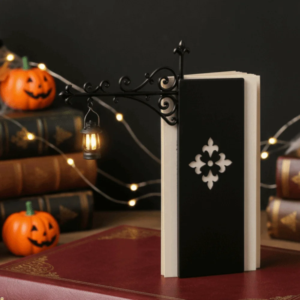 Wrought Iron Street Lamp Bookends Button Cell Battery Powered Hollow Out LED Glowing Lantern Retro Style Matte Black