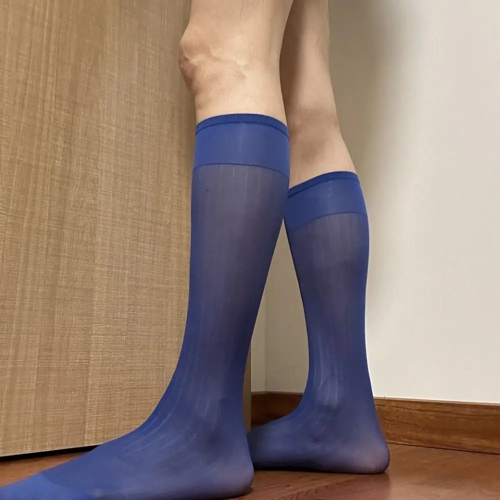 

Прозрачные мужские тонкие носки-трубы средней длины, однотонные деловые чулки, тонкие носки до середины икры в широкую полоску из шелка