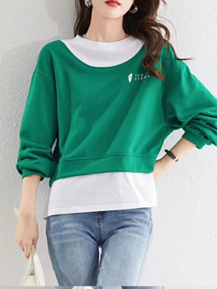 Woman Tops Loose Sweatshirt for Women Baggy Green Splicing Pullover Round Neck on Promotion Korean Fashion Cotton Sport Coat Emo