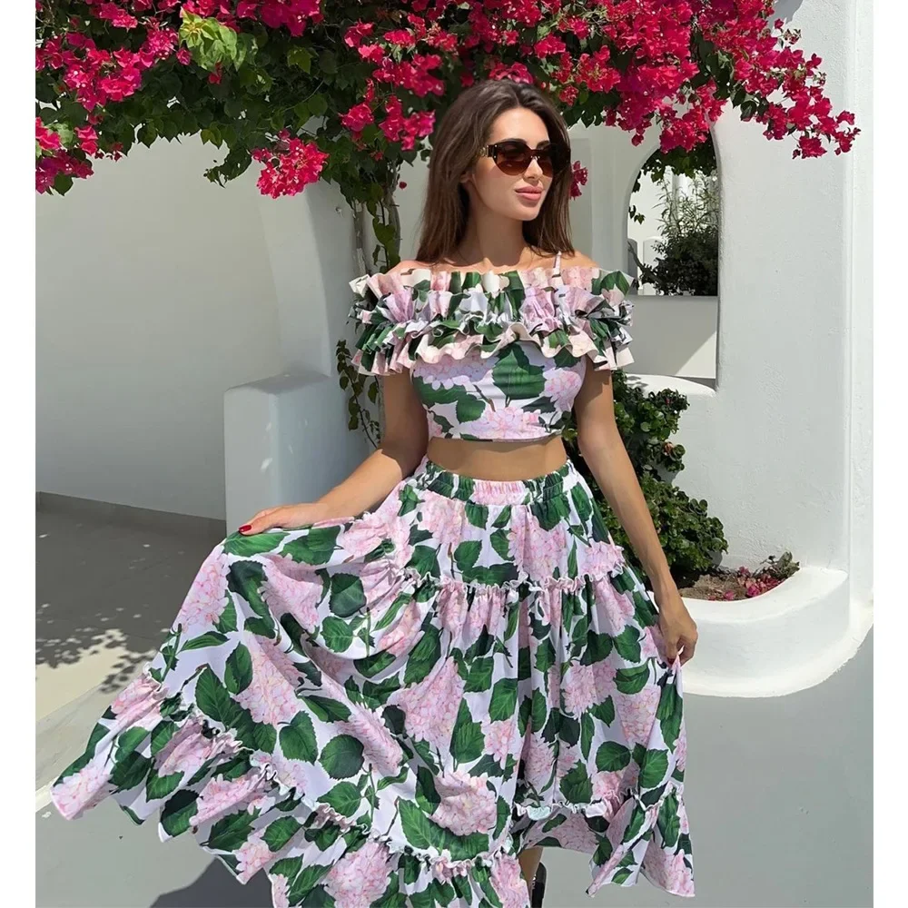 Women's Floral Print Suspender Beach Long Skirt, Casual, Romantic, Tight Waist, Bikini, Cover Up, Summer Fashion, Green, 2024