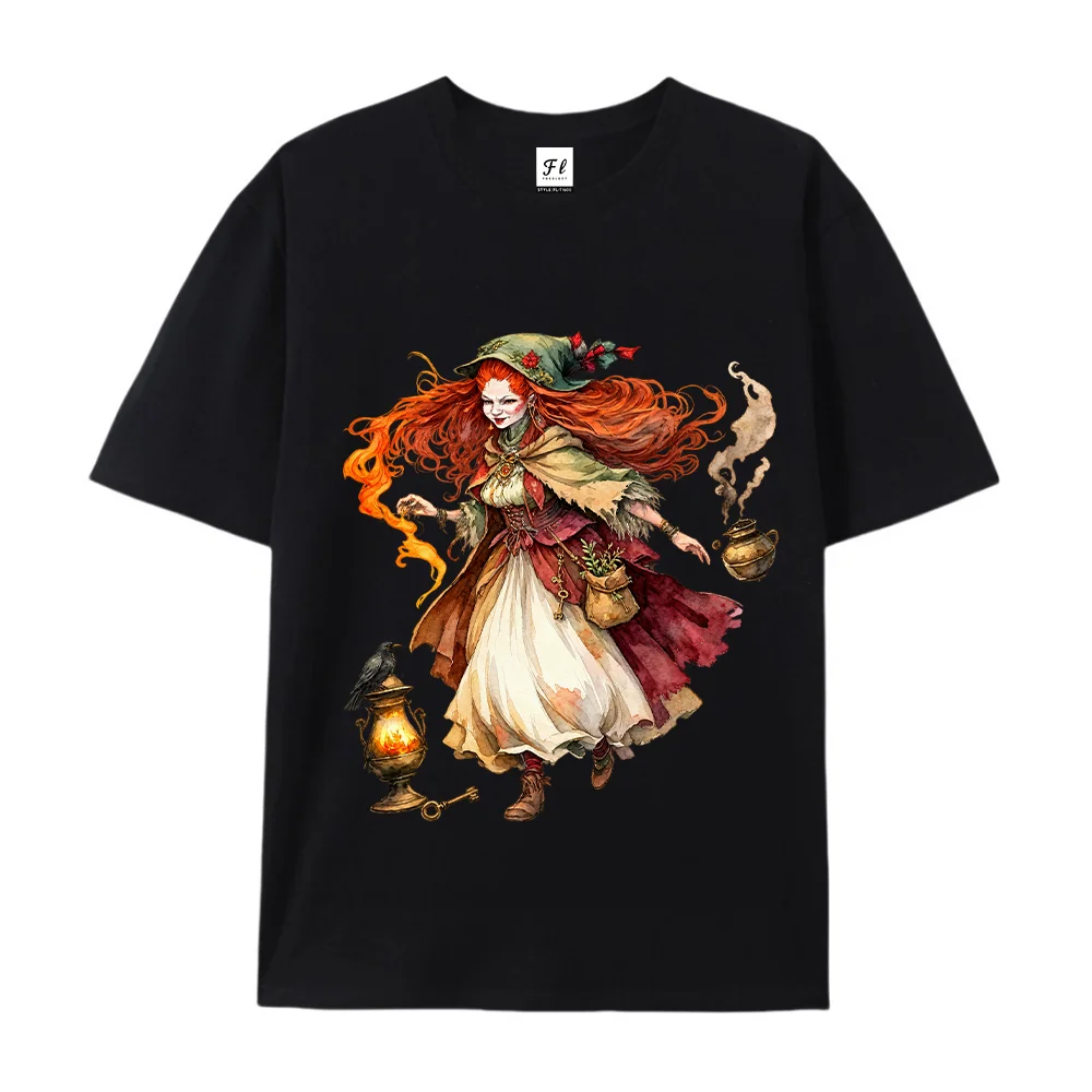 Vintage Witch Graphic T Shirt for Women Men, Gothic Fantasy Red Hair Sorceress Lantern Print Casual Short Sleeve Tee