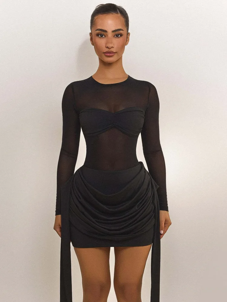 Articat elegante manga longa malha retalhos elástico bodycon mini vestido feminino sexy sheer magro festa clube vestido de noite winter2026