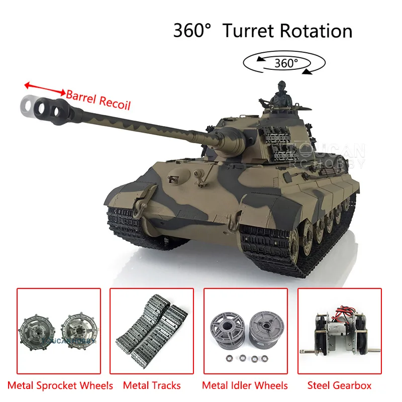 HENG LONG Tiger II 1/16 7.0 Upgrade King Tiger RC Tank 3888A 360° Turret Barrel Recoil BB Shoot Steel Gearbox Toys TH19742-T4