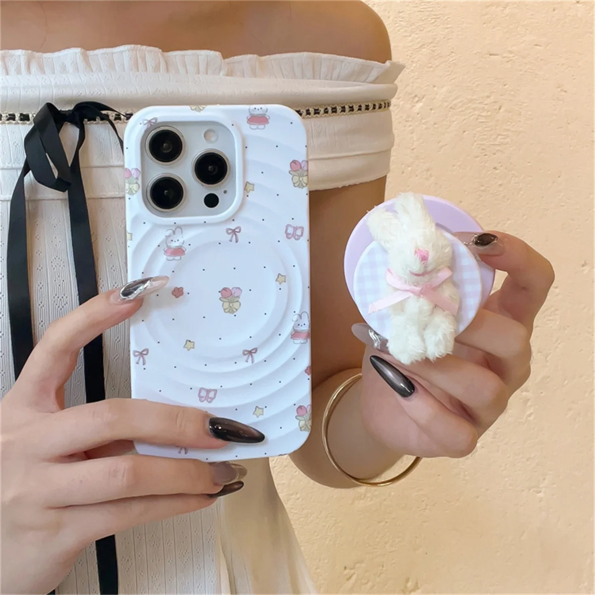 

Fashion Water Ripple Texture Magnetic Phone Case For iPhone 16 Pro 15 14 Pro Max Cover Flower Rabbit Cases with Stand