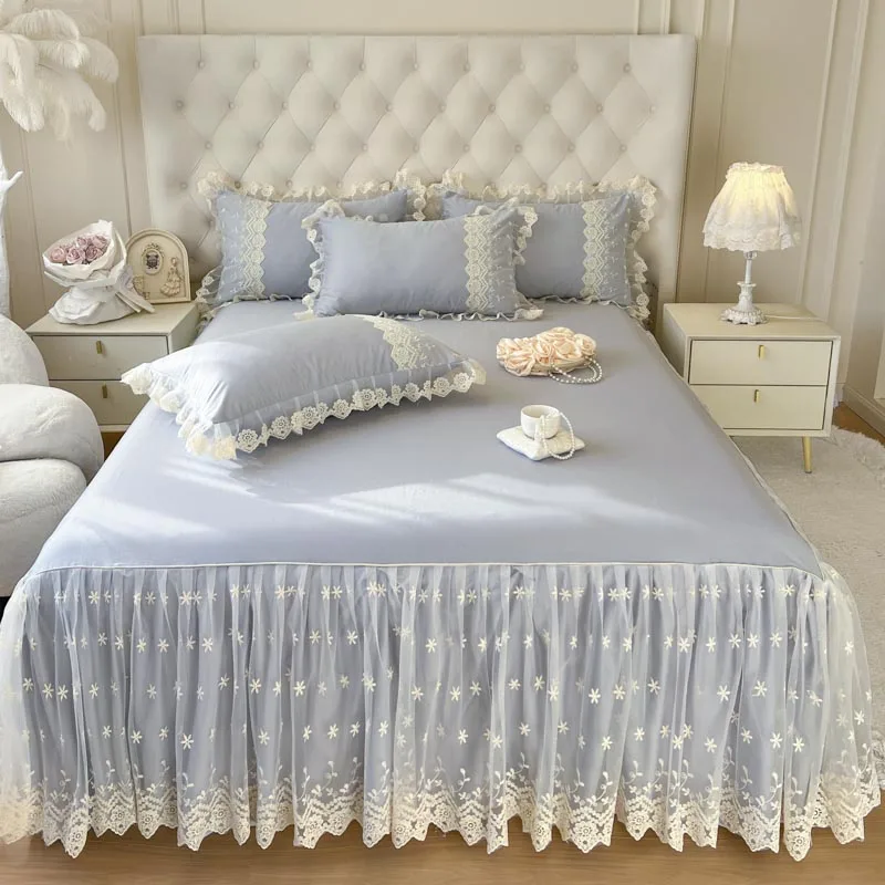 Pure Cotton Lace Princess Wedding Bed Sheet Skirt Single/Queen/King Size Bed Cover Solid Color Bedspread (Or Only 2 Pillowcases)