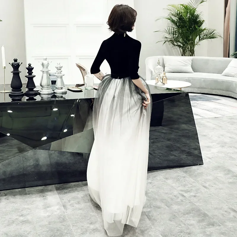 Es Yiiya vestido De noche personalizado De terciopelo negro Degradado con cuello en V media manga De talla grande vestidos formales para mujer bata