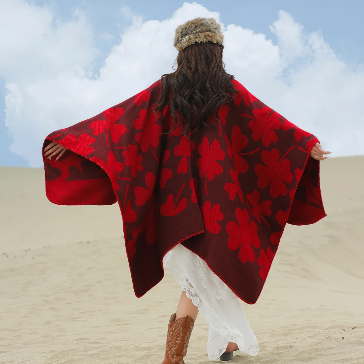 1 women's three leaf flower patterned hooded cape for travel, carrying a cold resistant shawl.