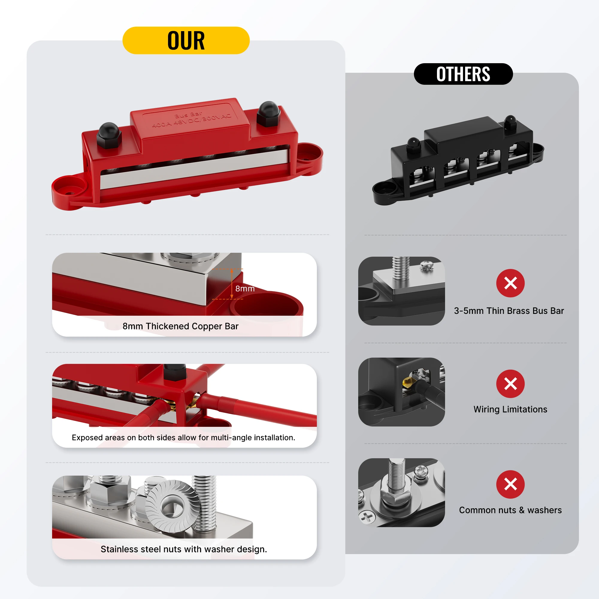 400A Bus Bar 12V Power Distribution Block 6 x 5/16\