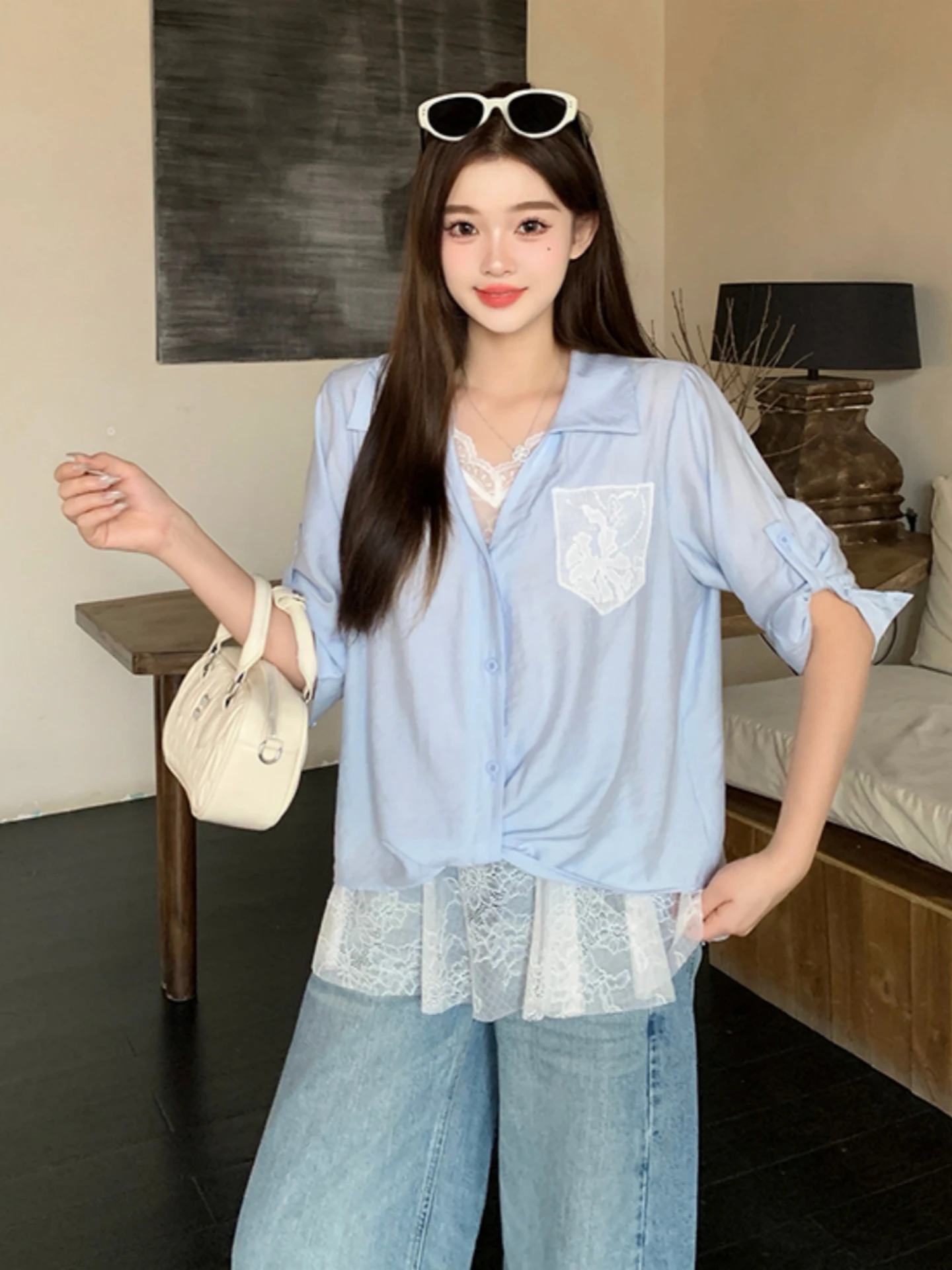 

Lace Splice V-neck Short Sleeve Women's Shirt Summer Slimming Cover-Up Base Layer Top Large Size plus Size Korean Style