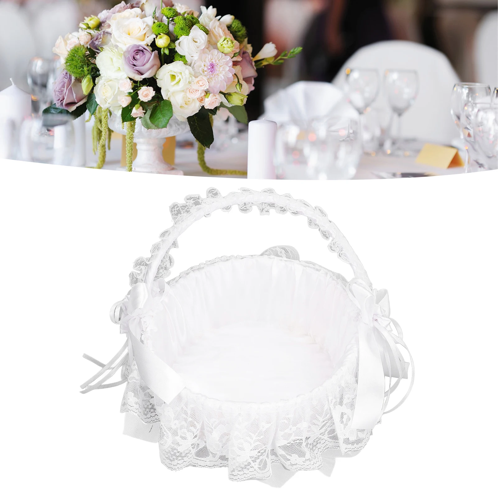 

Wedding Flower Girl Basket With Bow Tie Lace Folding Handle Bride Hand Decoration Baskets For Wedding Ceremony DIY Decoration