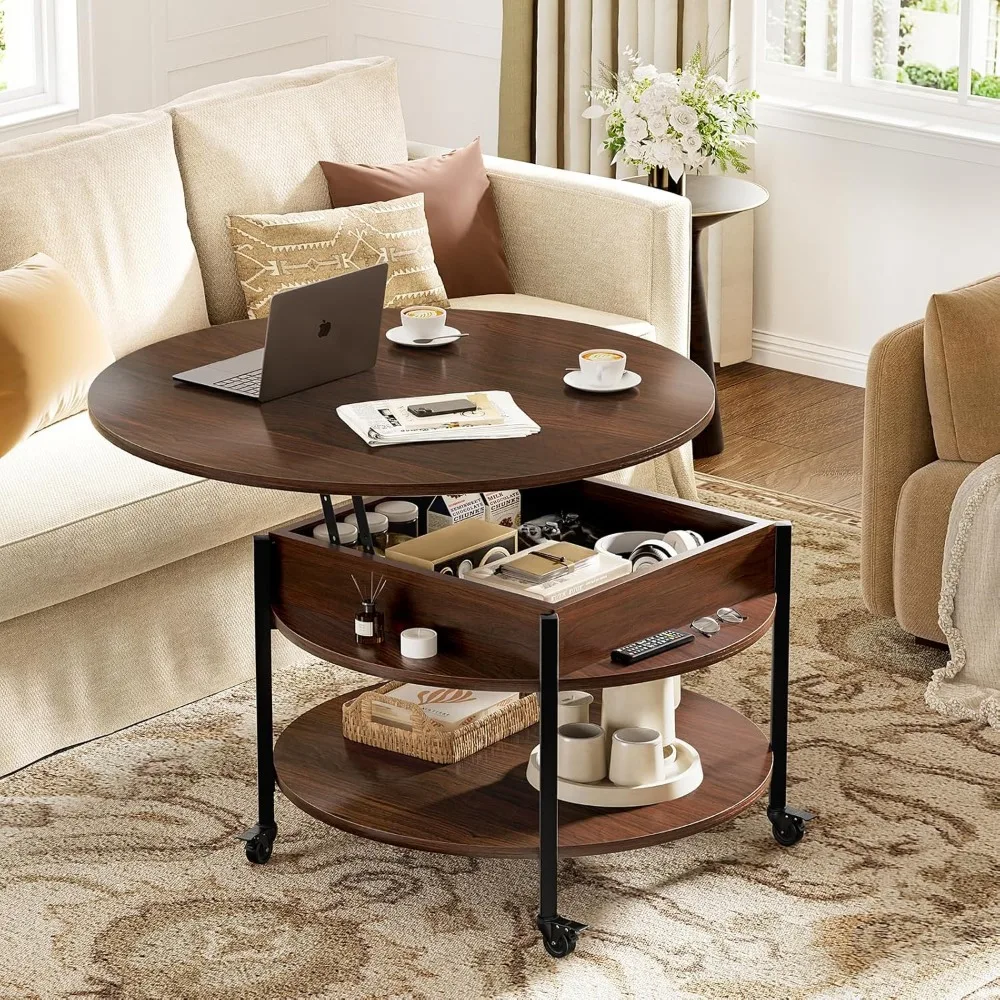 Lift Top Coffee Table with Wheels, Circle Center Table with Storage and Compartment, 26.77’’ Rolling Coffee Table，Espresso