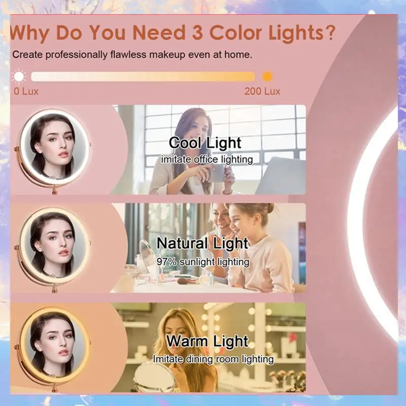 

1Set 10X LED Mirror Rechargeable Make Up Mirror Magnification Cosmetic Mirror 2 Side Adjustable With 3 Colors C-A76Z