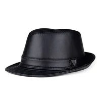 Sombrero Formal de cuero genuino para hombre, gorra de piel de vaca de ala corta, de alta calidad, color negro/marrón, para espectáculo, Jazz, novedad de 2023