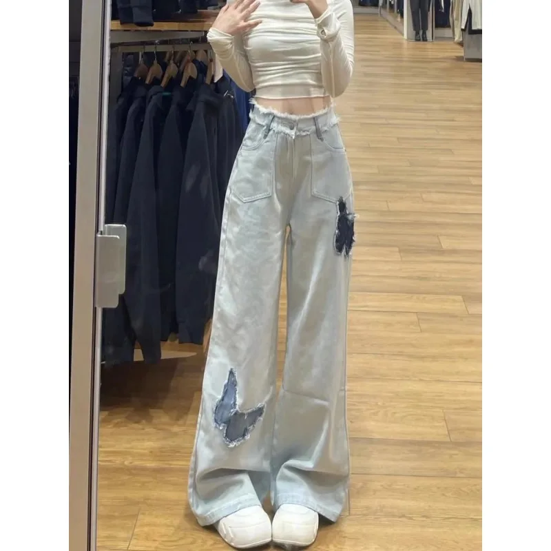 Damesbroeken High Street Bow Patch Design Losse Jeans Nieuwe Hoge Taille Skinny Wijde Pijpen Rechte Pijpen Dames Lange Broek