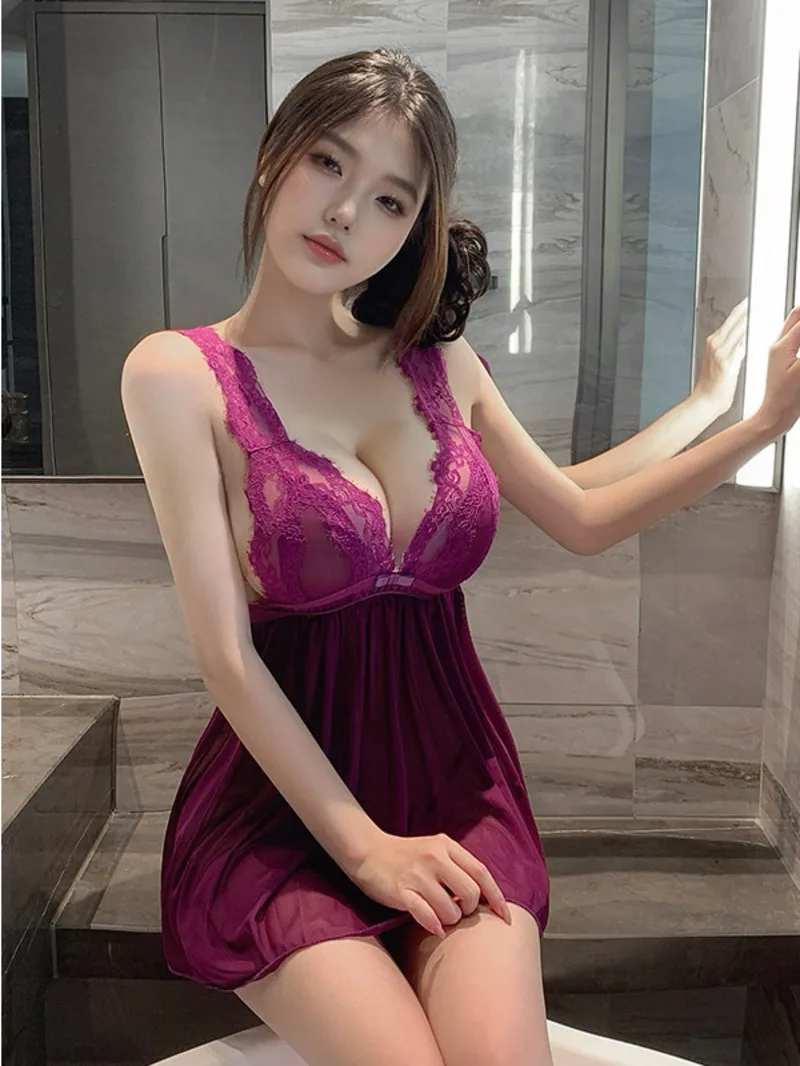 เซ็กซี่ผู้หญิงลูกไม้สีม่วงNightdress Pure Desire Sheer VคอBackless Elegant Tank Mini Dress 2025 ใหม่แฟชั่นผู้หญิงJNB8