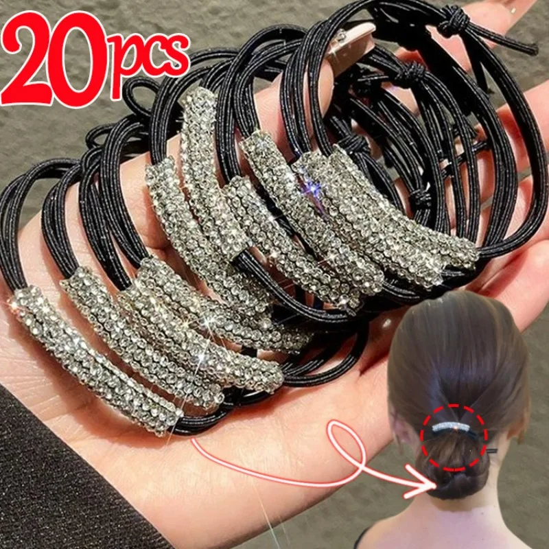 1/20pcs Full Crystal Rubber Bands Hair for Women Black Rhinestone Elastic Hair Girls Lovely Hair Ropes Ponytail Holder Tie