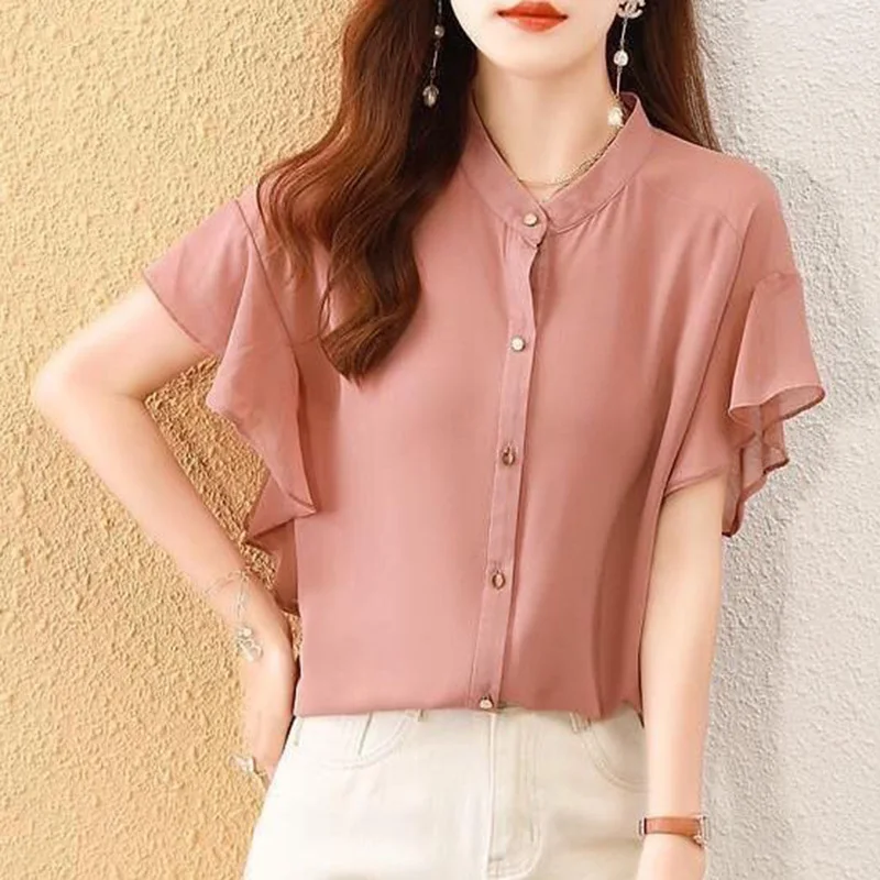 Elegant Solid Color Spliced Loose Ruffles Chiffon Shirt Women Clothing 2023 Summer New Casual Tops All-match Office Lady Blouse