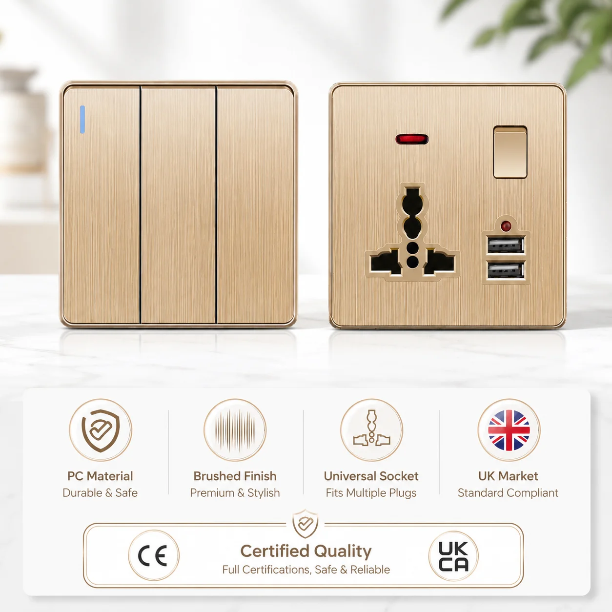 Gold 13A UK Plug USB Wall Socket,Household Electric Light Switch,Universal 5 Hole Dual Socket with USB Charger,AC110-250V
