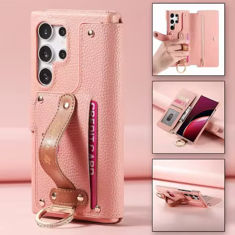 Magnetic Button Flip Phone Cover For Samsung Galaxy S24 Ultra S23 S22 S21 A24 A25 A33 A34 A35 A52 A53 A54 A55 With Wristband Fun