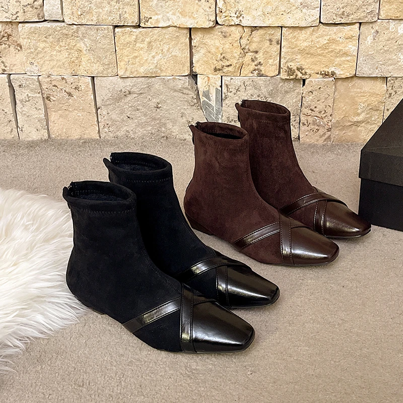 

Женские замшевые эластичные узкие ботинки в стиле ретро, осень-зима 2022, новые универсальные ботильоны с квадратным носком и блочным каблуком