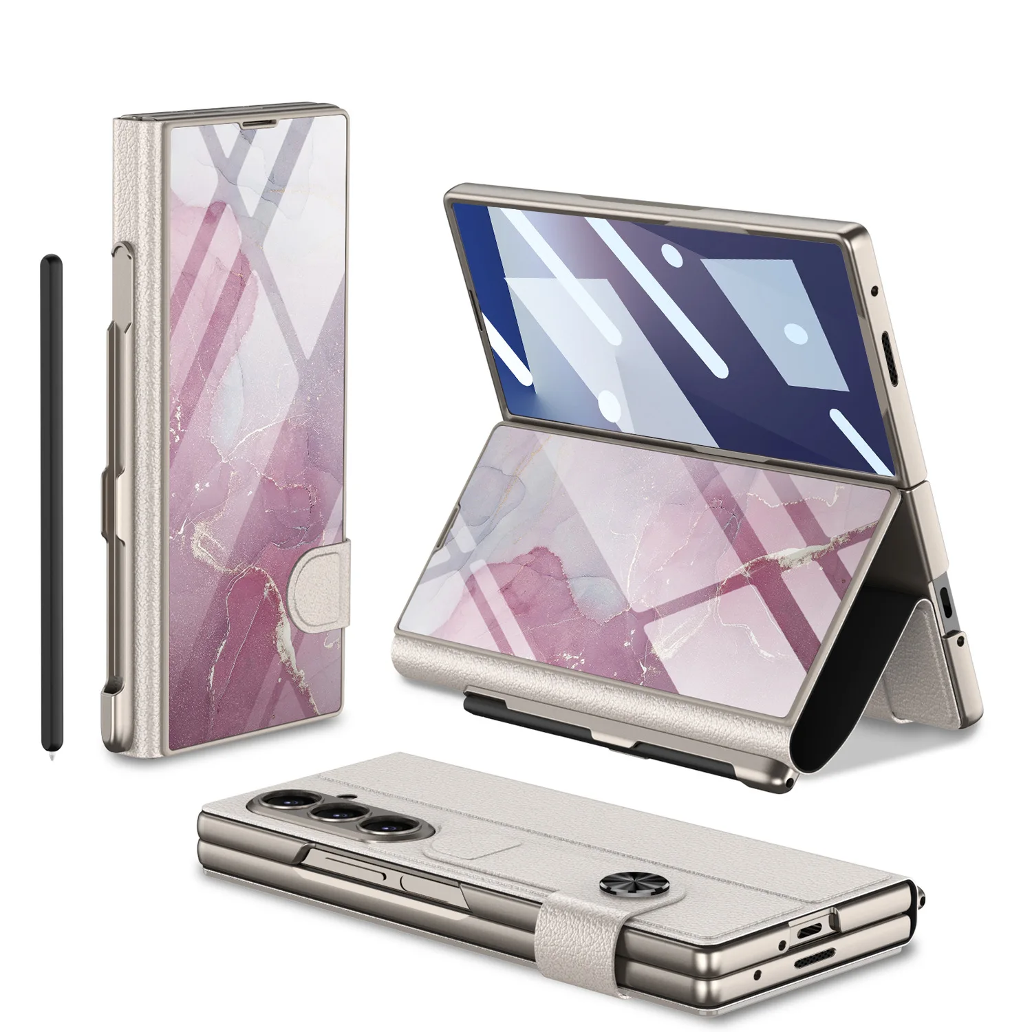 

case for Samsung Z Fold7 Pen Slot Mobile Phone Case Fashion All-inclusive Flip Cover Plain Leather Glass Painted Case Folding