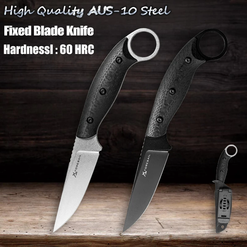 High Quality AUS-10 Steel Blade knife G10 Carbon Fiber Handle Sharp Fixed Blade Camping Outdoor Cutting Hunting EDC Tool Knife