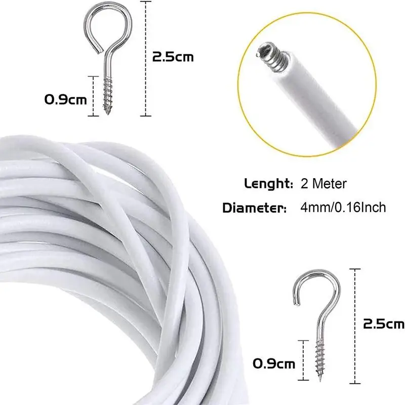 [J] 1Set Durable 2 Meters Curtain Spring Rope PVC Steel With Hooks Eyes White Window Curtain Track Wall Hanging Line