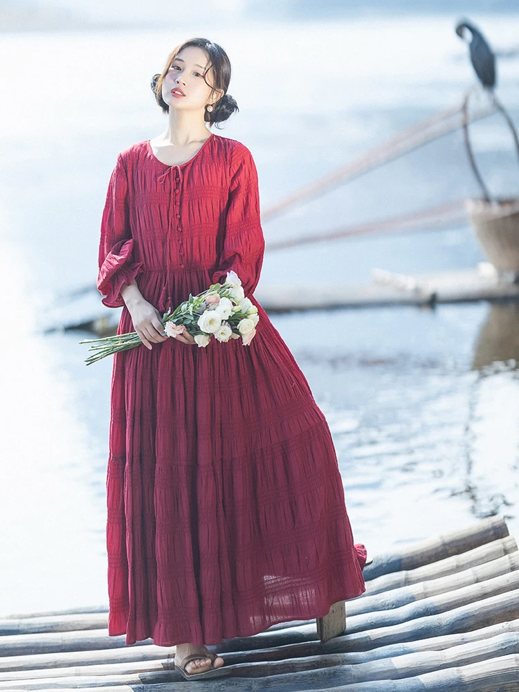 TIYIHAILEY Jesień Wiosna Damska Czerwona Sukienka Z Podszewką Długi Rękaw Maxi Damska Rozmiar S-L Vintage Wysoki Stan Biały Szeroki Dół 2025