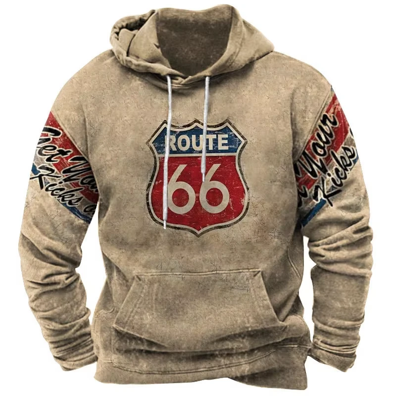 Newest  Autumn And Winter Men's Clothes 3d Printed Men's Route 66 Printed Hoodie Men Loose Casual Fashion Retro Oversized Hoodie