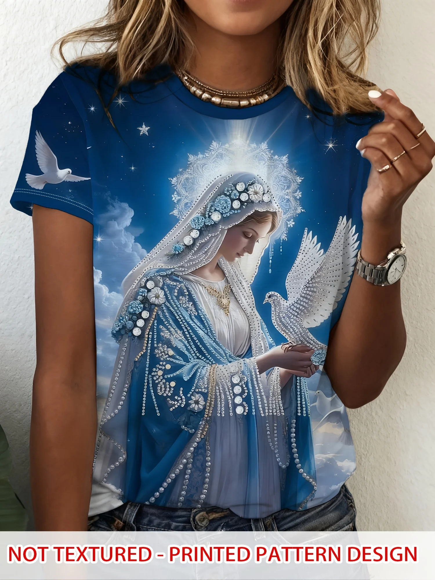 Women Short Sleeve T‑Shirt Holy Figure White Dove Starry Sky Cloud Print Round Neck Blue Background Loose Summer Tops