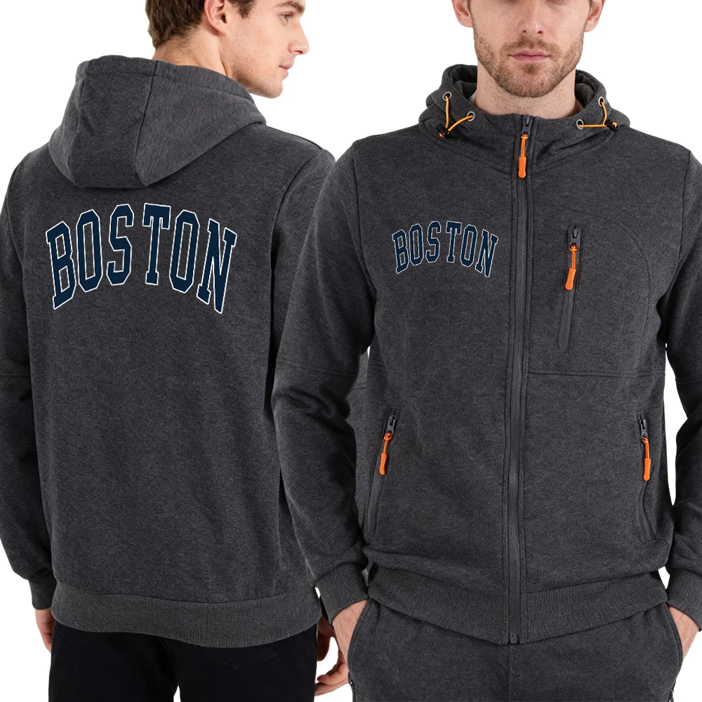 

Boston Letter Logo Pattern Autumn Zipper Hoodies Male Fashion Fleece Hooded Pocket Loose Tops Casual Personality Men Clothing