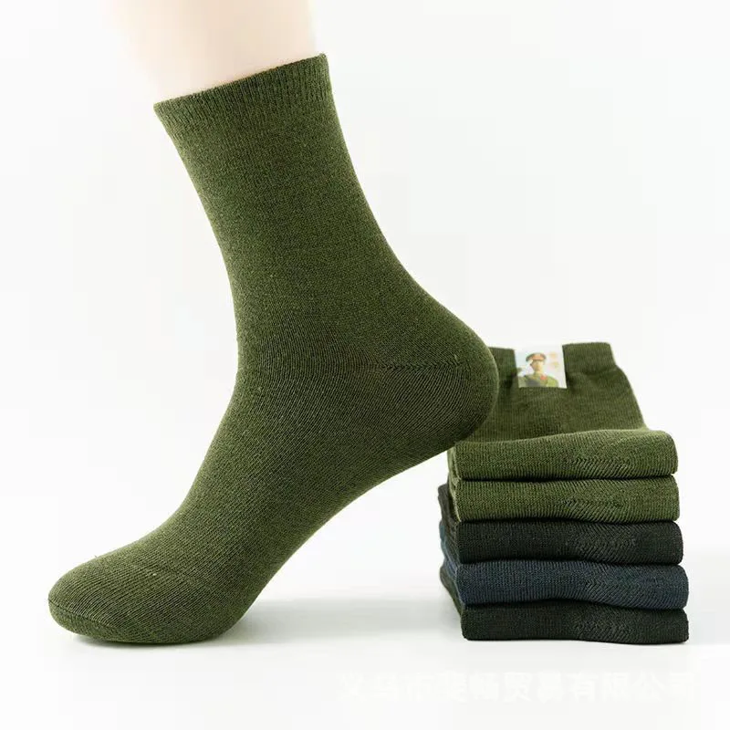 Meias masculinas de algodão espesso meio tubo, verde exército, quente, militar, alta qualidade, camuflagem, confortável, primavera, outono, 5 pares