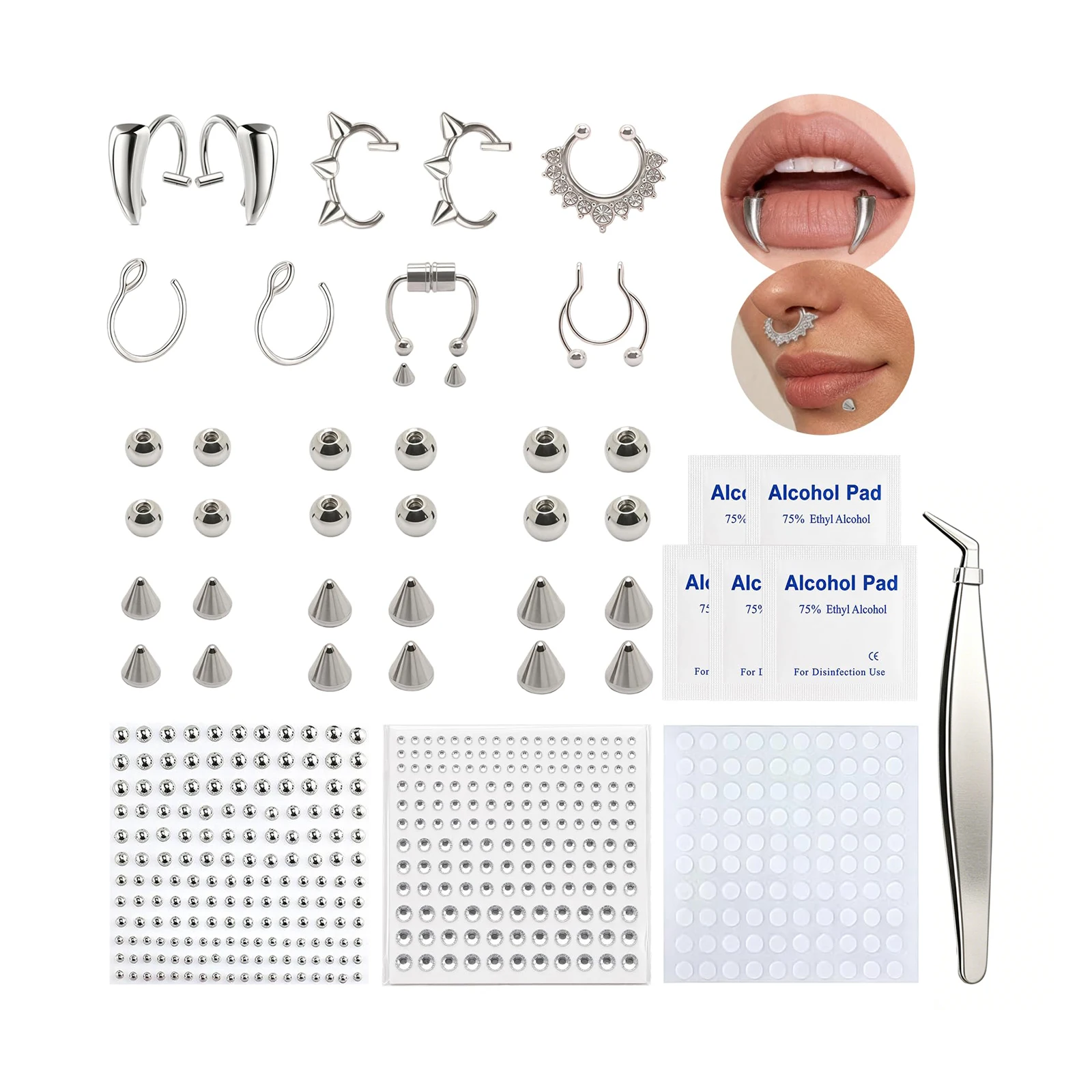 Non‑Piercing Fake Nose Septum Lip Ring Set, Stainless Steel Punk Hoops with Face Rhinestone Gems Tweezers Alcohol Pads Kit
