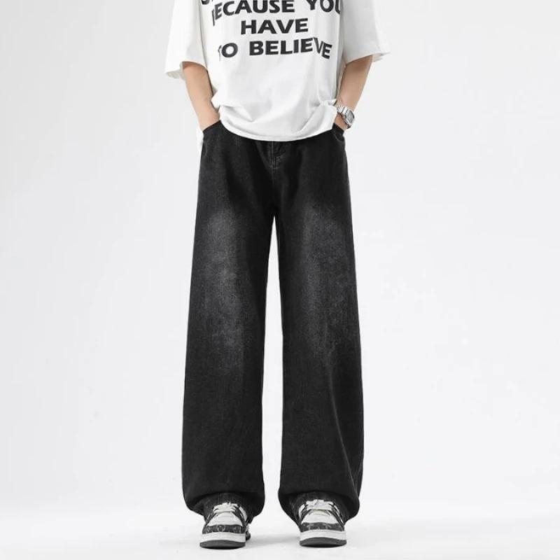 Men's Street Jeans, Simple And Wide Leg Trend Spring And Autumn Elastic Distressed Retro Loose Straight Leg Casual Pants