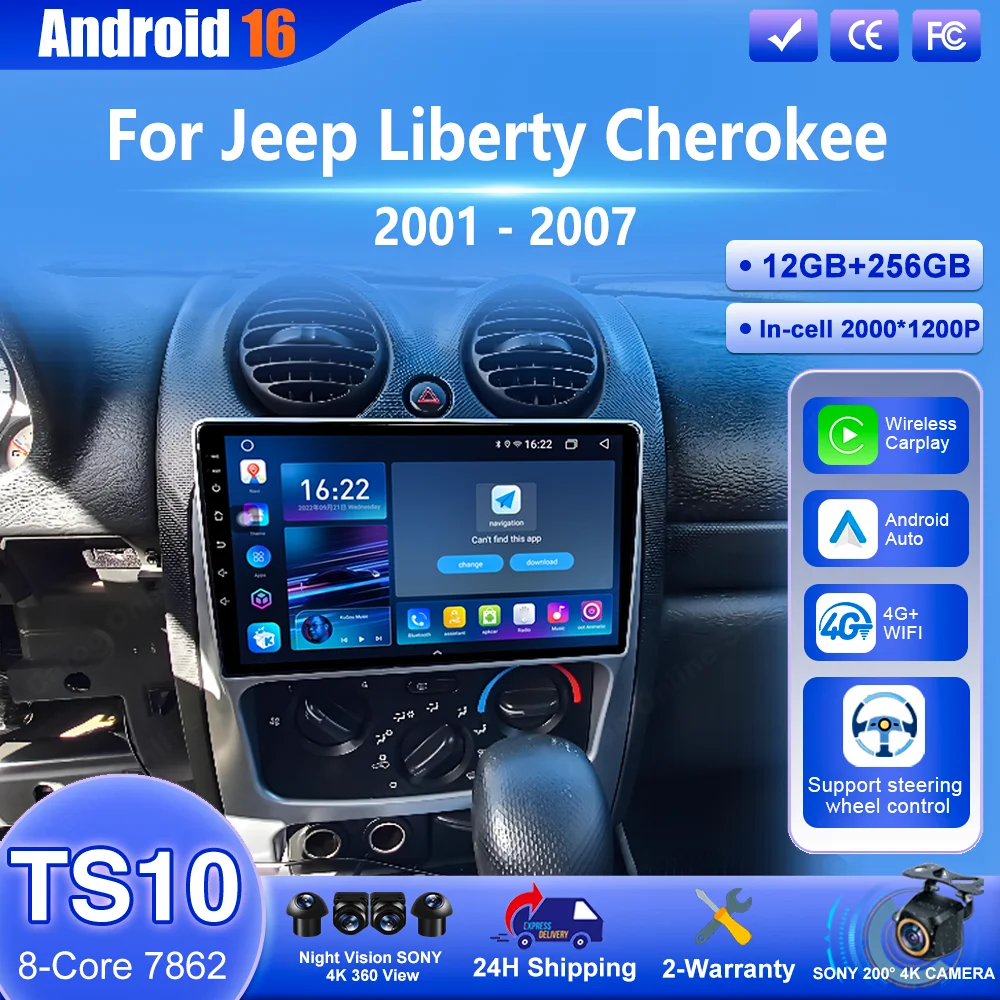 Navegación GPS Android 16 con Carplay para Jeep Liberty Cherokee 2001-2007, Reproductor Multimedia de Video para Auto, Pantalla Táctil, 4G WIFI, DVD para Auto