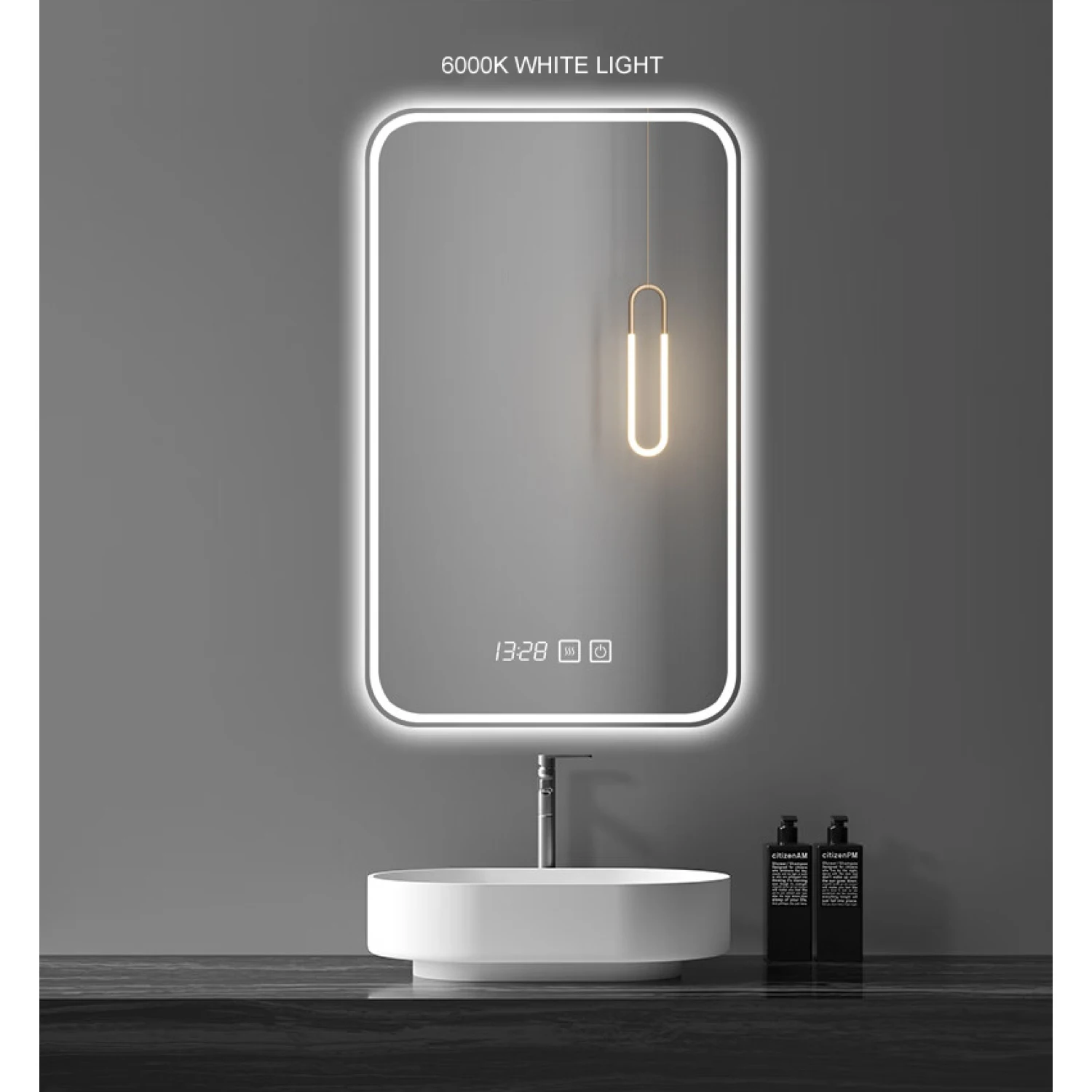 20*28 inch LED Vanity Smart Mirror with time and temperature display, equipped with defogging and gradient 3-color lighting.