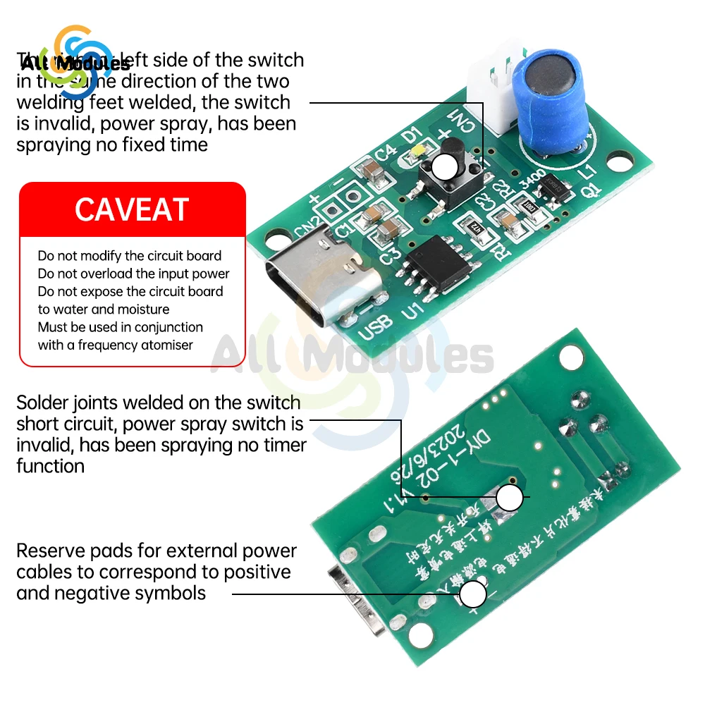 DC5V Ultrasonic Spray Humidifier Electronic Atomization Module Set Universal Humidification Module TYPE-C