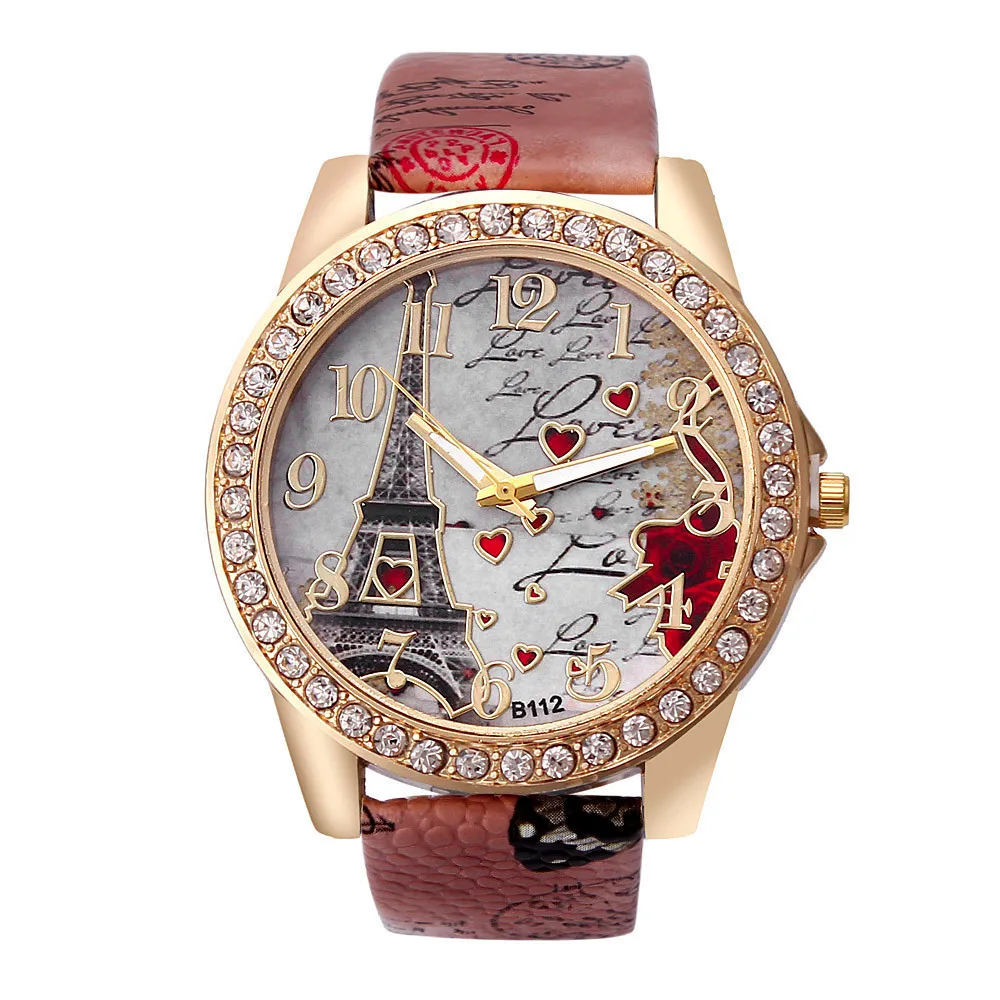 Trendy Women rhinestone Eiffel Tower PU leather quartz Watch