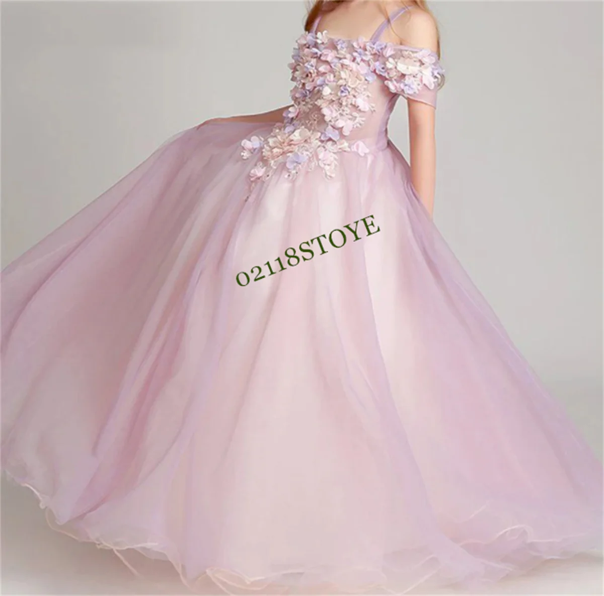 

CustomizedFlower Girl Dress Appliques Sleeveless Wedding Birthday Off the Shoulder Ball Gown Floor Length Elegant First Communio