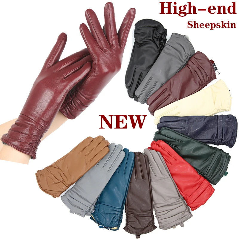 Guantes de cuero plisado clásico para mujer, guantes de piel de oveja auténtica, color real, invierno, 2081